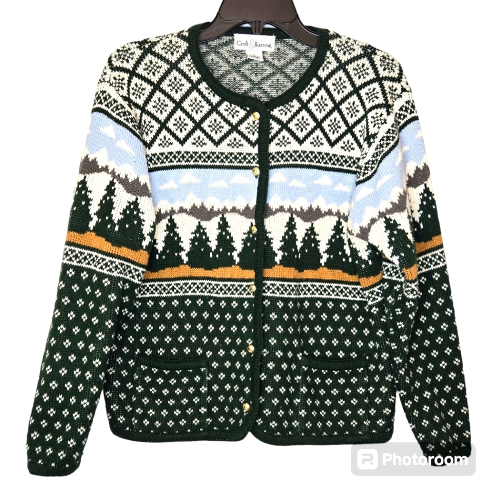 Vintage Nordic Pine Forest mountain Cardigan Knit Fair Isle Cottagecore Small